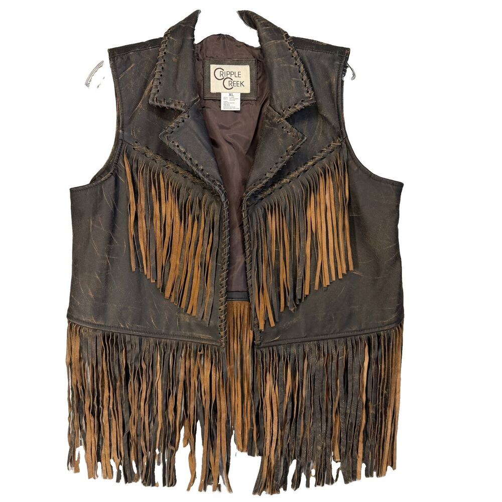 Cripple Creek Leather Vest Womens XL Brown Vintage Fringe Western Distressed